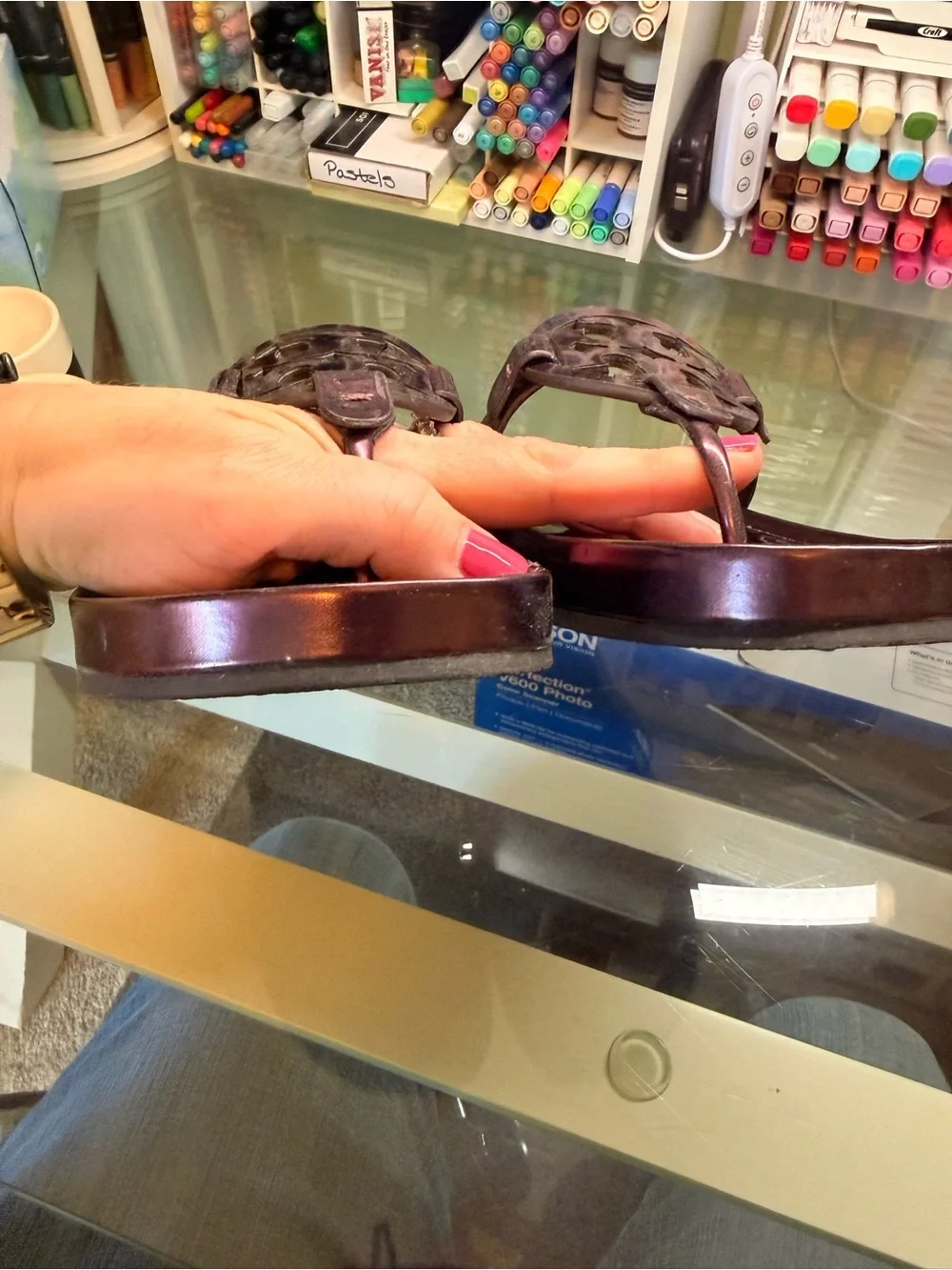 Tory Burch Metallic Plum Logo Thong Sandals - Plum